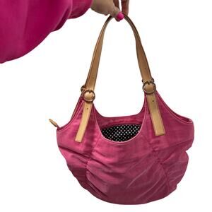 Esprit Pink Nylon Hobo Shoulder Bag Tan Straps Polka Dot Lining Y2K
